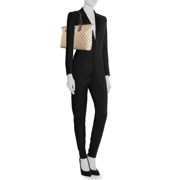 Shopping bag Gucci Gucci Vintage in tela monogram cerata beige e pelle marrone - Detail D1