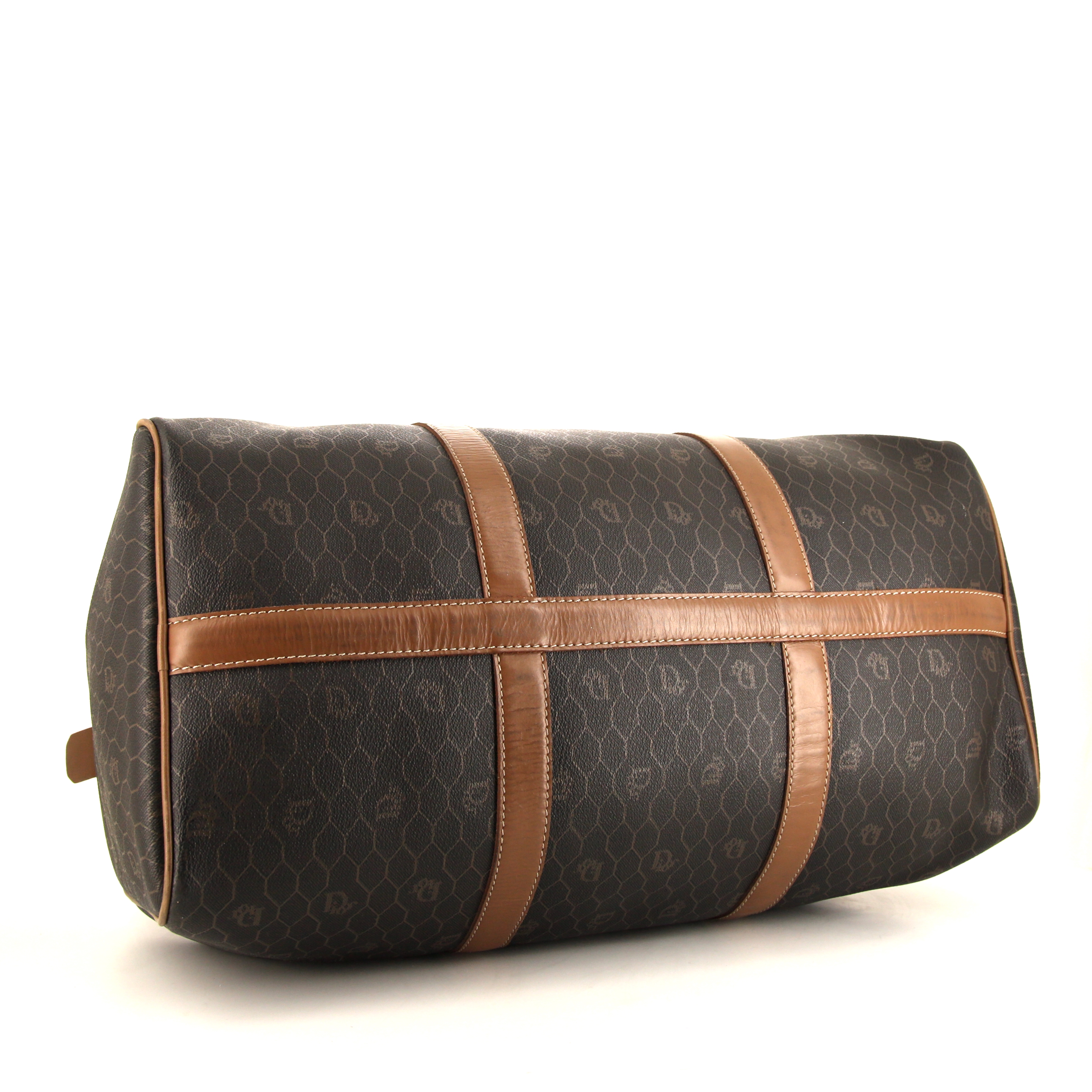 Bolsa de viaje Dior Vintage en lona Monogram marrón y cuero marrón - Detail D4