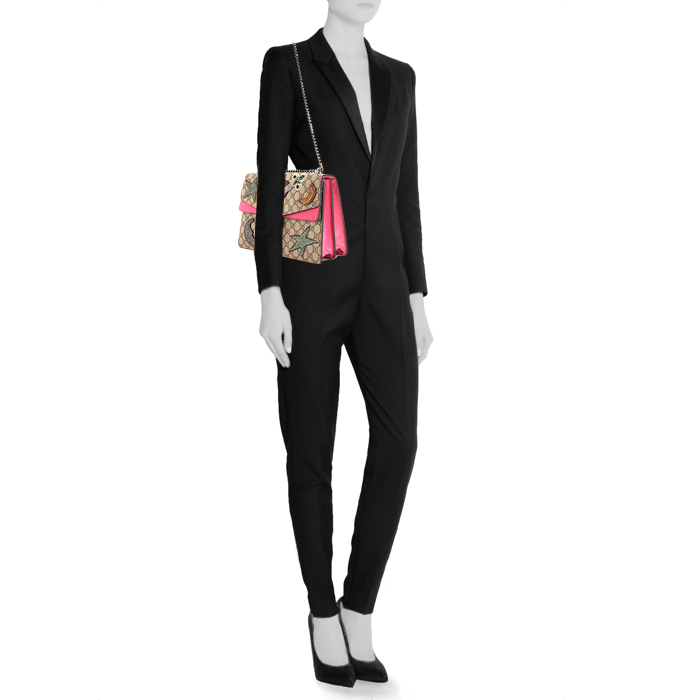 Sac porté épaule ou main Gucci Dionysus en toile monogram enduite grise et daim rose - Detail D2