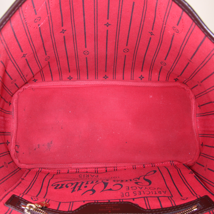 Shopping bag Louis Vuitton Neverfull modello piccolo in tela cerata con motivo a scacchi ebano e pelle marrone - Detail D2