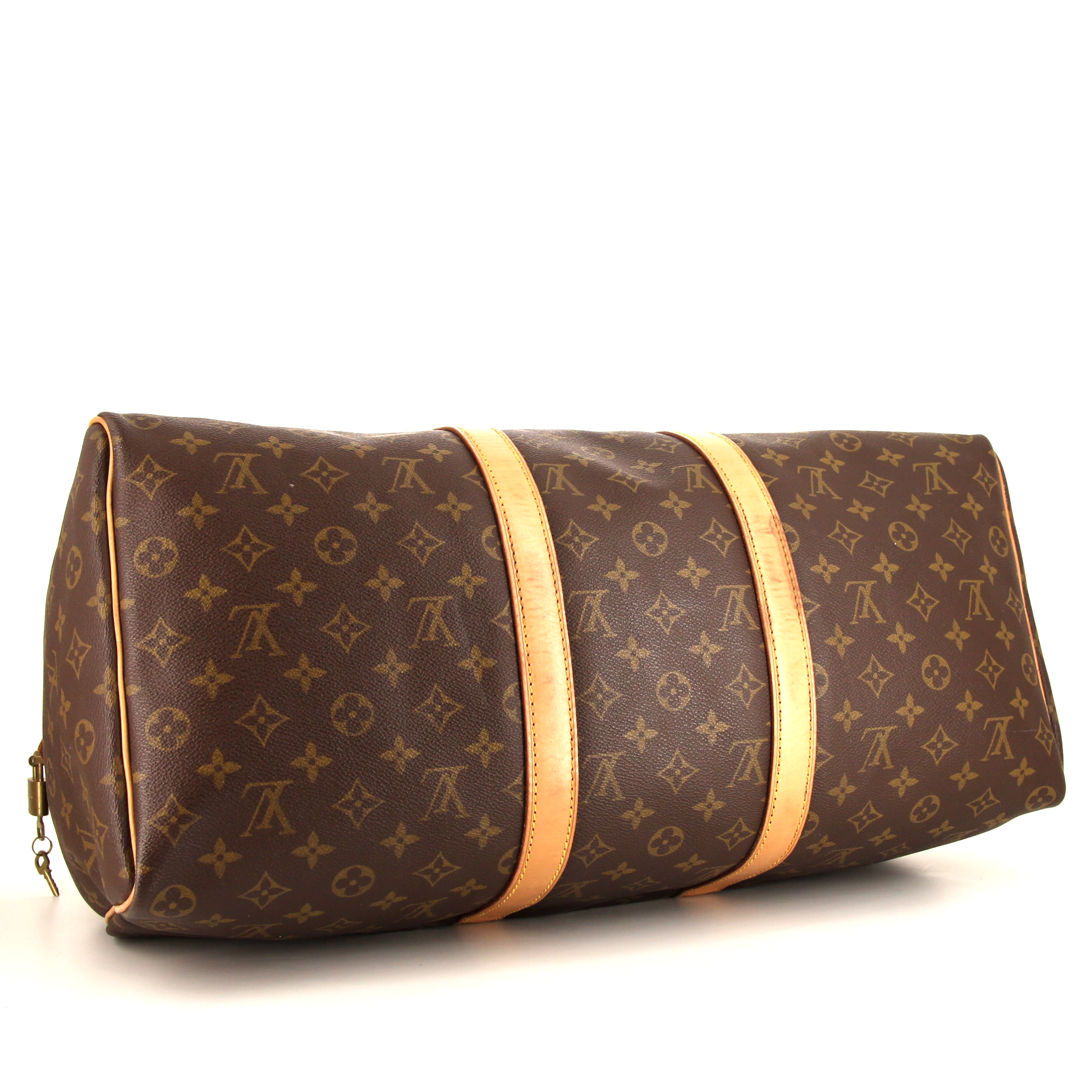 Bolsa de viaje Louis Vuitton Keepall 50 cm en lona Monogram marrón y cuero natural - Detail D4