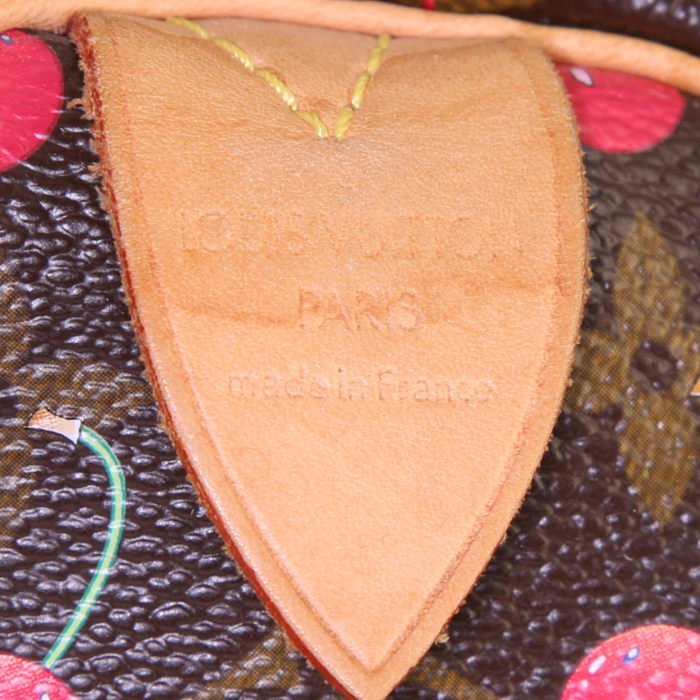 Borsa Louis Vuitton Speedy Cherry 25 Editions Limitées in tela monogram marrone e rossa e pelle naturale - Detail D3