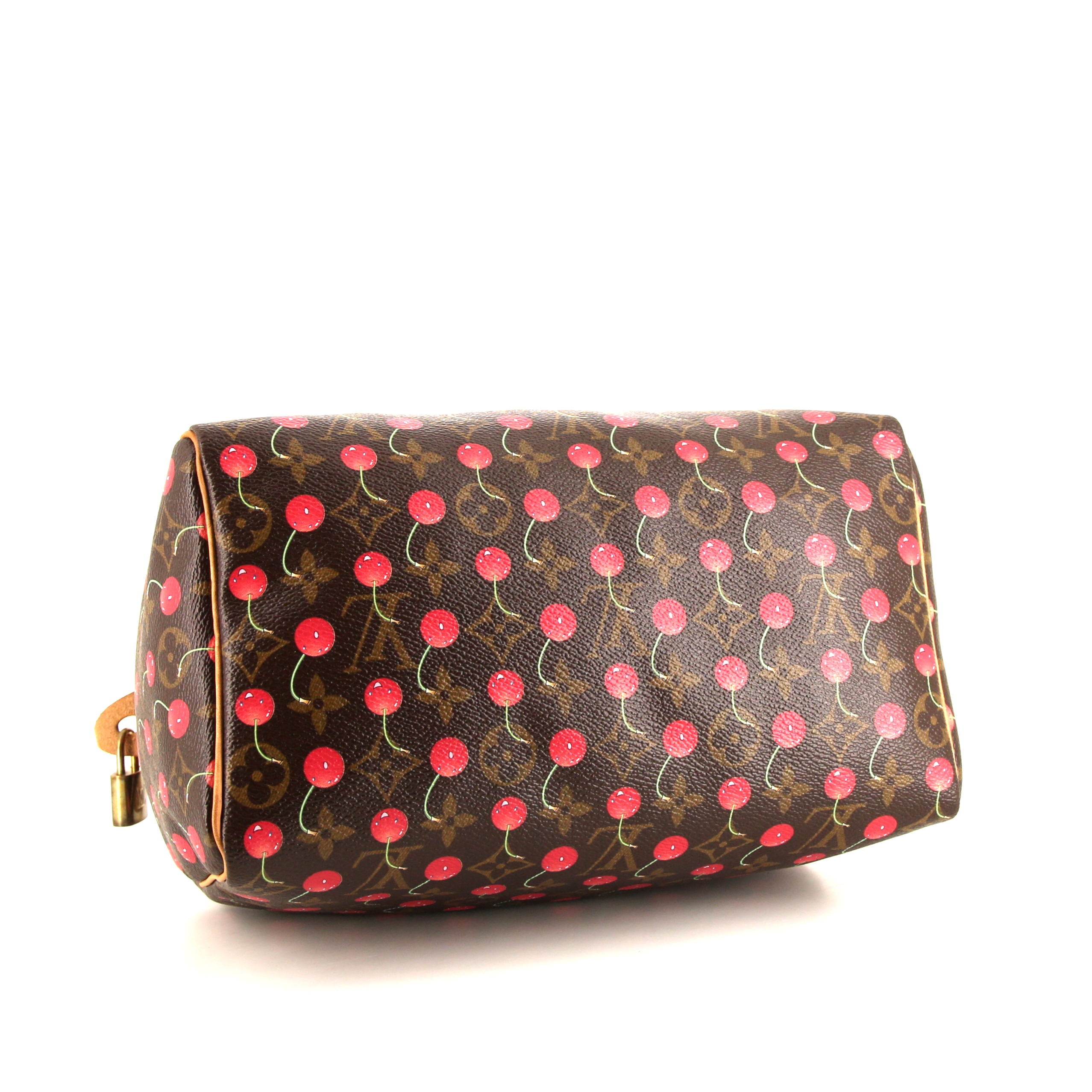 Borsa Louis Vuitton Speedy Cherry 25 Editions Limitées in tela monogram marrone e rossa e pelle naturale - Detail D4