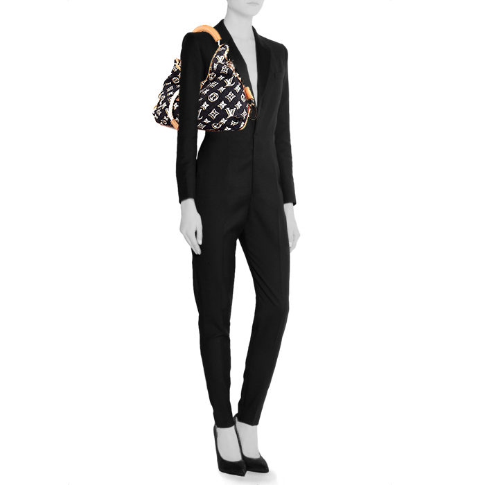 Louis Vuitton handbag in navy blue, white and brown monogram canvas and natural leather - Detail D1