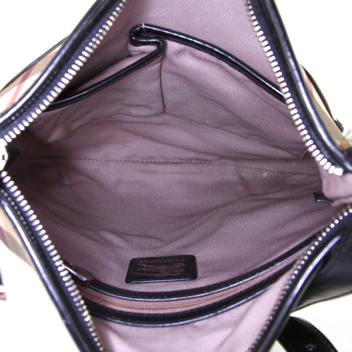 Bolso bandolera Burberry Dryden en lona Haymarket beige y cuero negro - Detail D2
