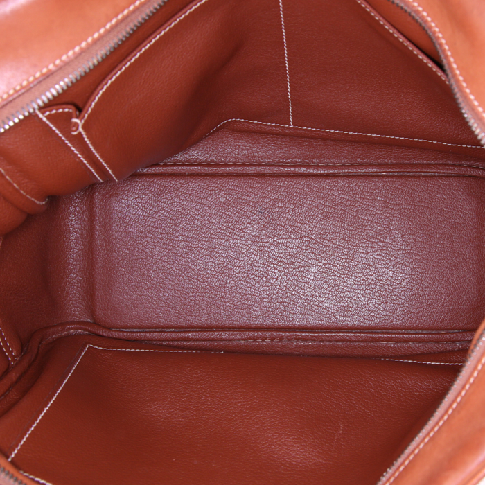 Bolso de mano Hermes Plume en cuero Barenia marrón y lona beige - Detail D2