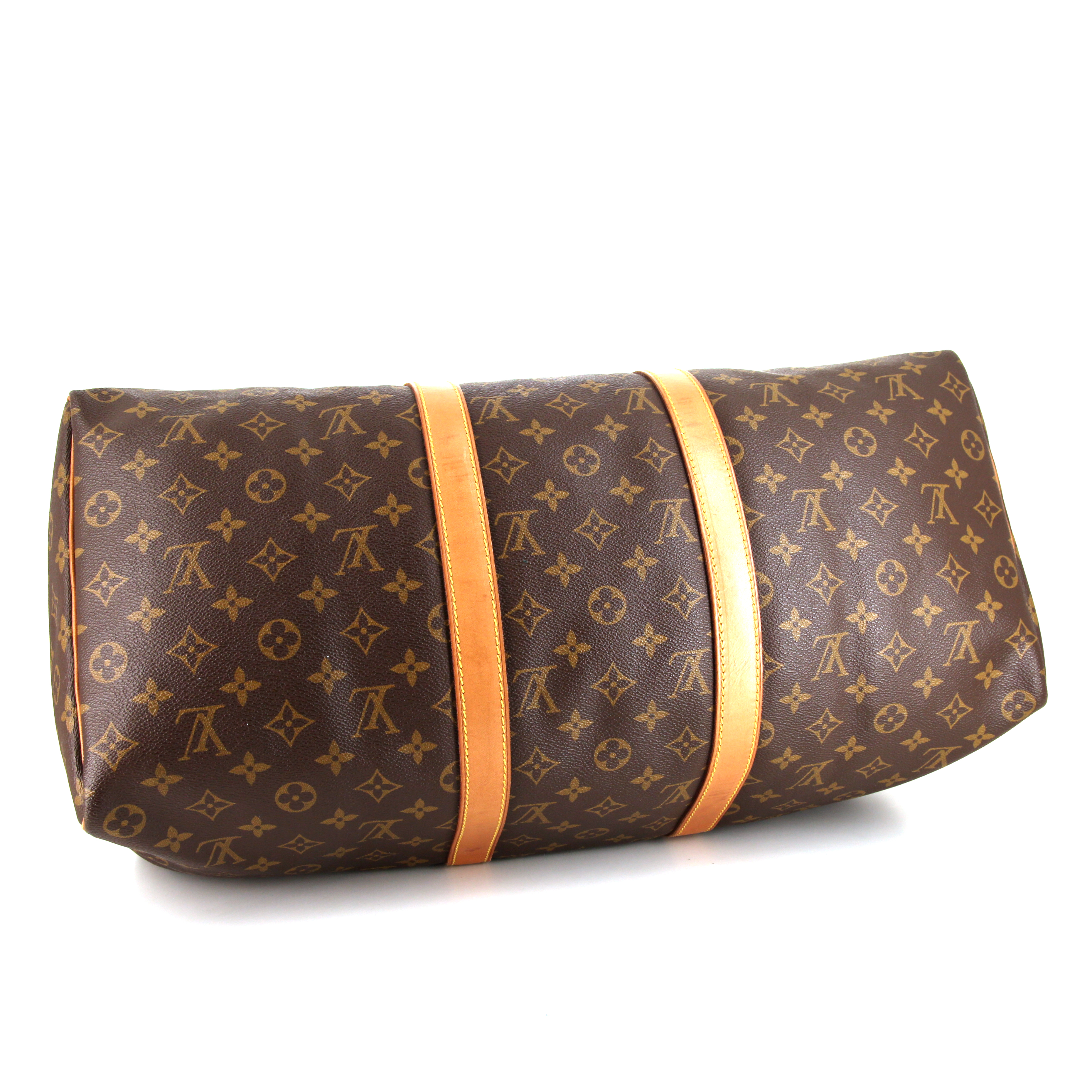 Bolsa de viaje Louis Vuitton Keepall 50 cm en lona Monogram marrón y cuero natural - Detail D4