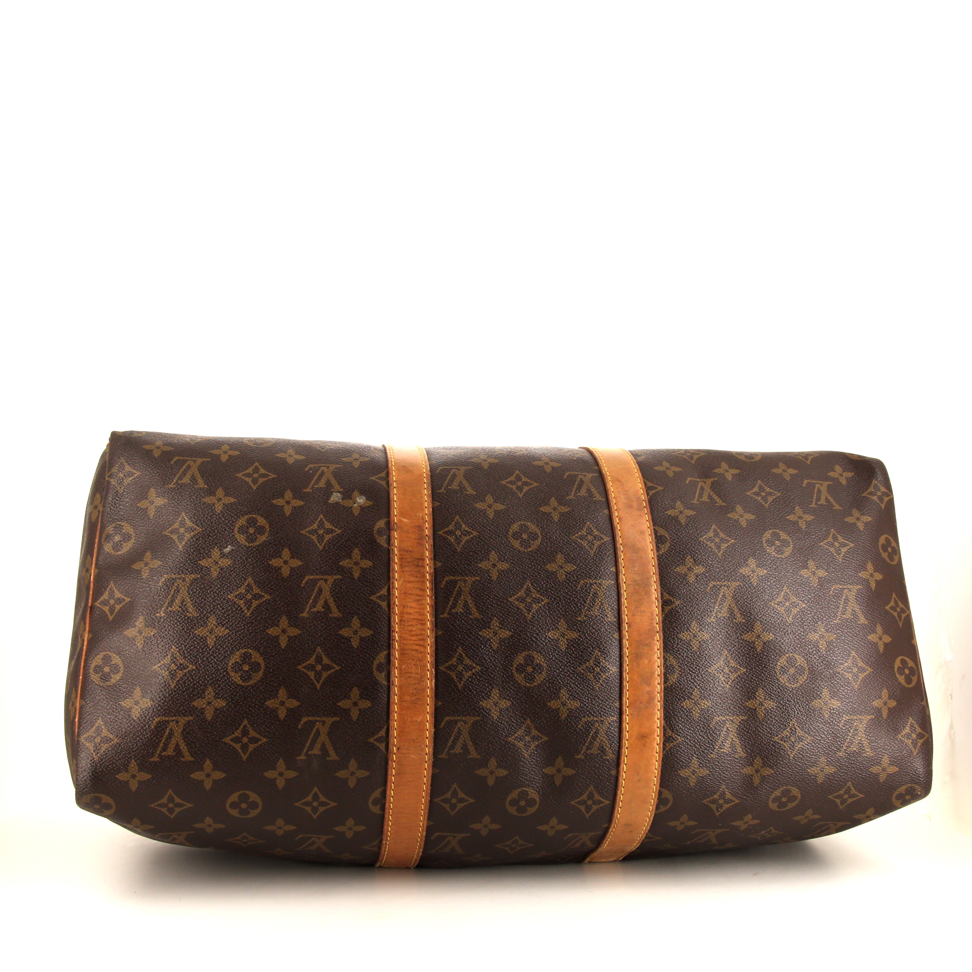 Sac de voyage Louis Vuitton Keepall 50 cm en toile monogram marron et cuir naturel - Detail D4