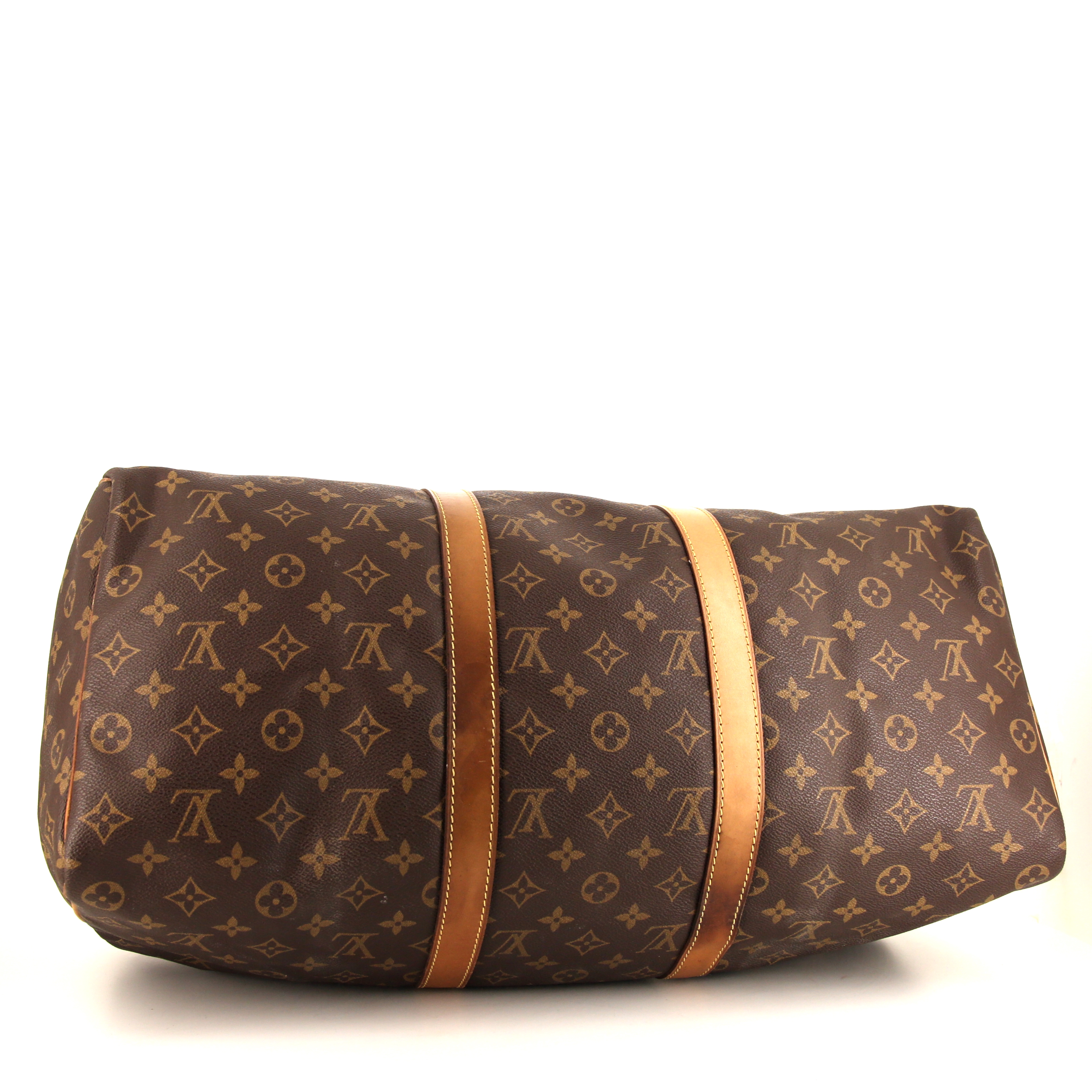 Borsa da viaggio Louis Vuitton Keepall 50 cm in tela monogram marrone e pelle naturale - Detail D4