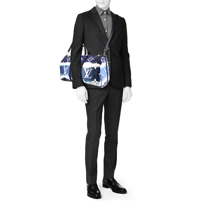 Borsa da viaggio Louis Vuitton Keepall Editions Limitées Escale in tela monogram blu e bianca e pelle blu - Detail D2