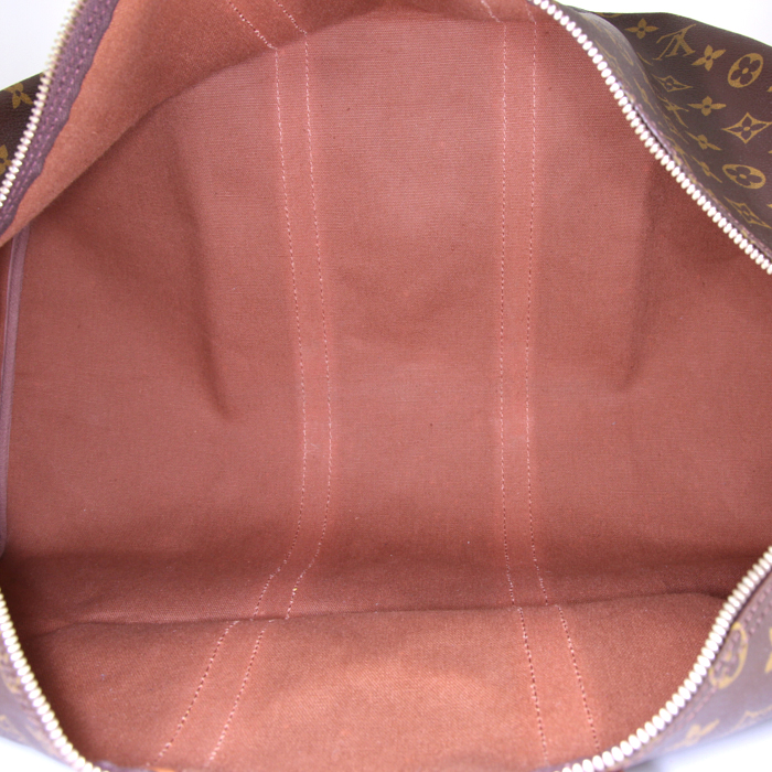 Bolsa de viaje Louis Vuitton Keepall 55 cm en lona Monogram marrón y cuero natural - Detail D2