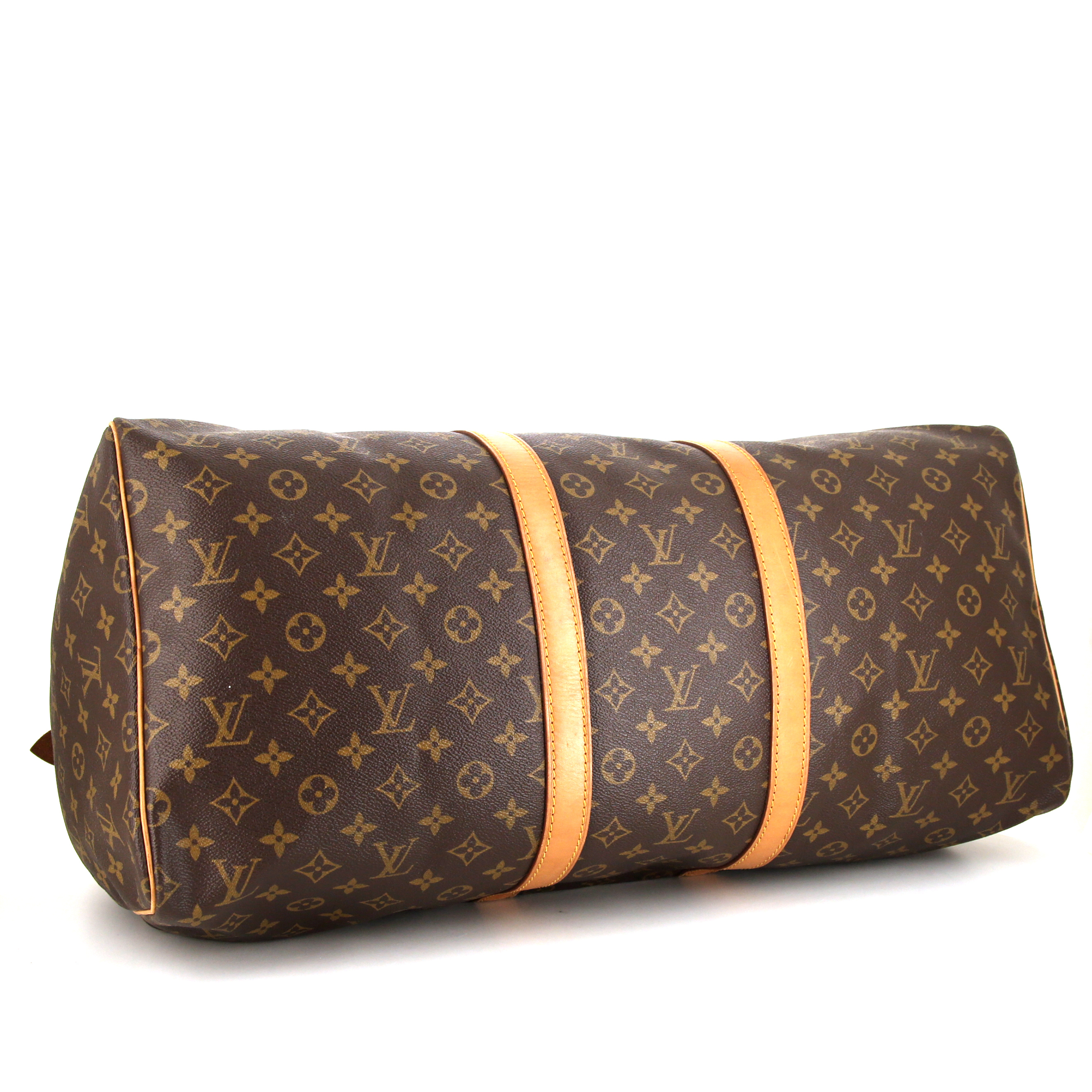 Borsa da viaggio Louis Vuitton Keepall 55 cm in tela monogram marrone e pelle naturale - Detail D4