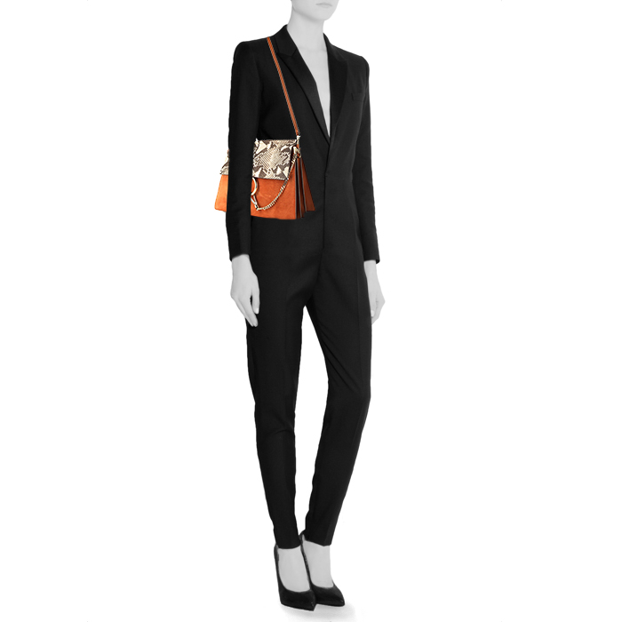 Chloé Faye shoulder bag in brown Rouille suede and grey python - Detail D1