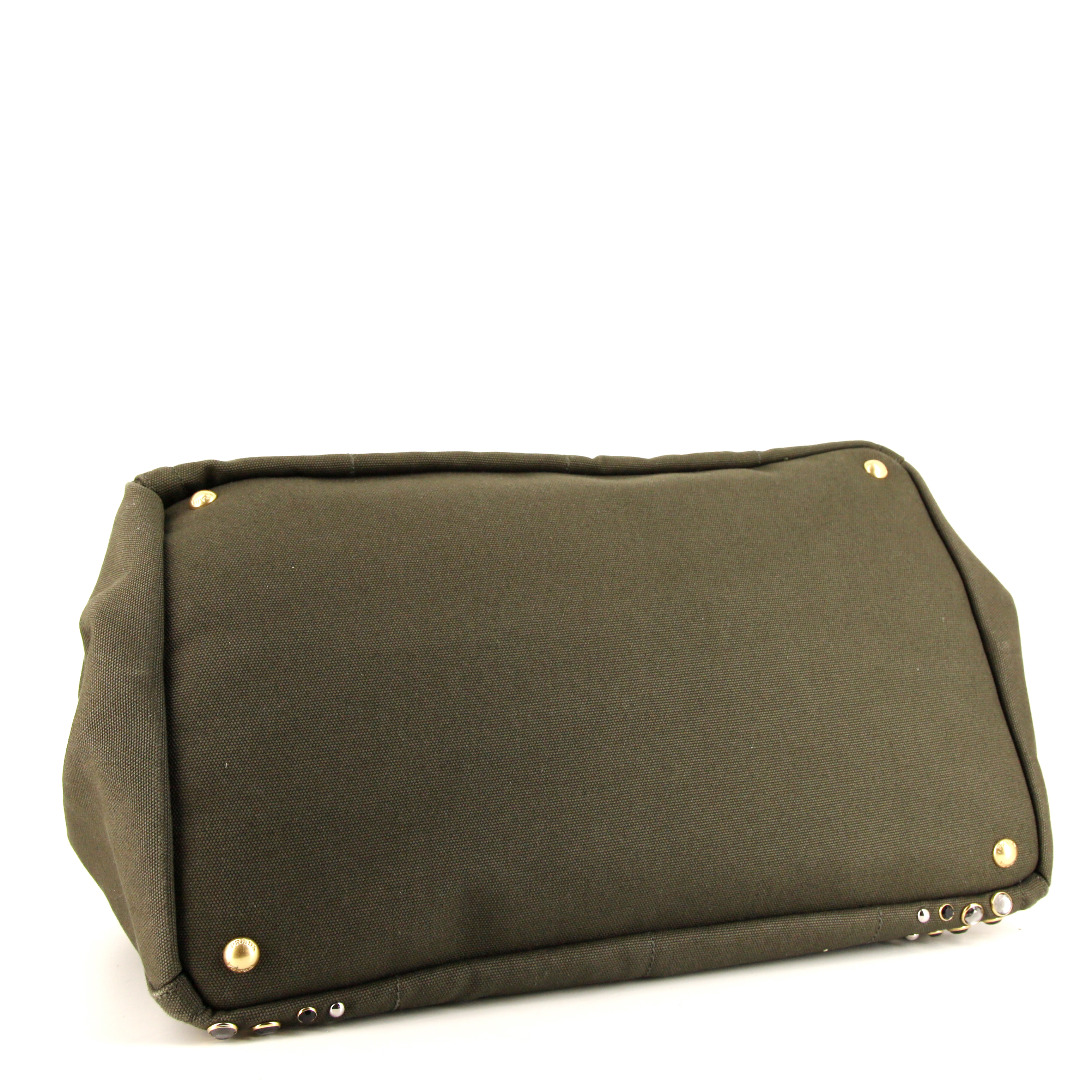 Sac cabas Prada Shopping en toile vert-kaki - Detail D4