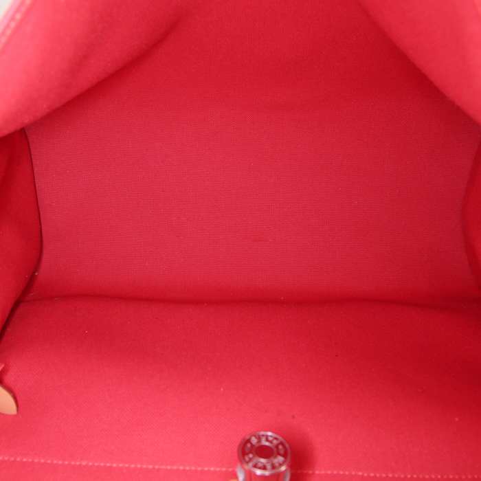 Sac bandoulière Hermes Herbag en toile rouge et cuir marron - Detail D3
