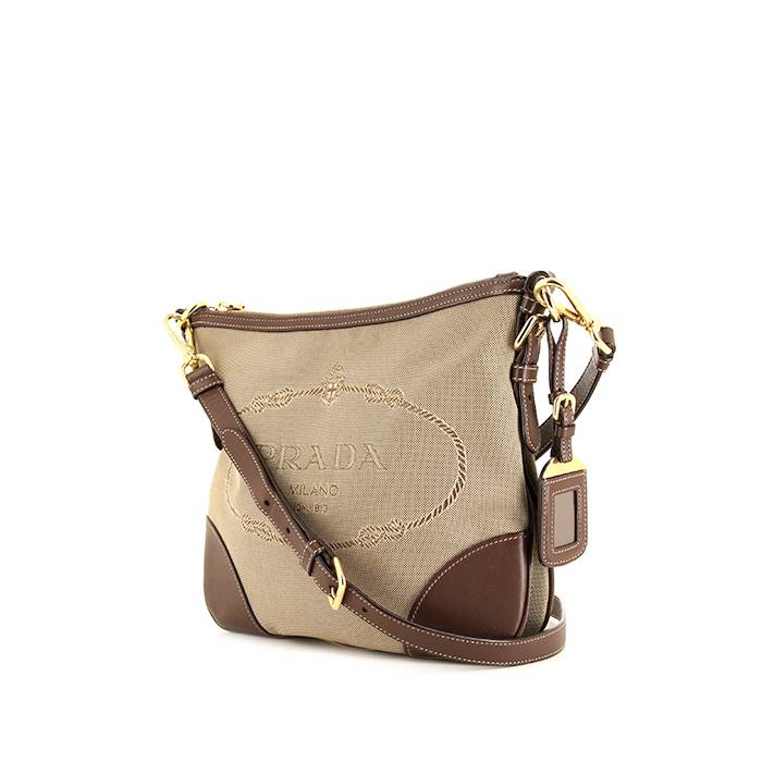 PRADA Brown Canvas Jacquard Logo Leather Crossbody Shoulder Bag With  Dustbag