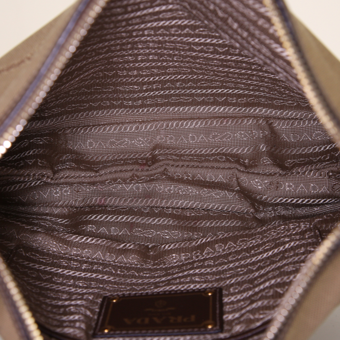 Prada Jacquard shoulder bag in beige logo canvas and brown leather - Detail D2