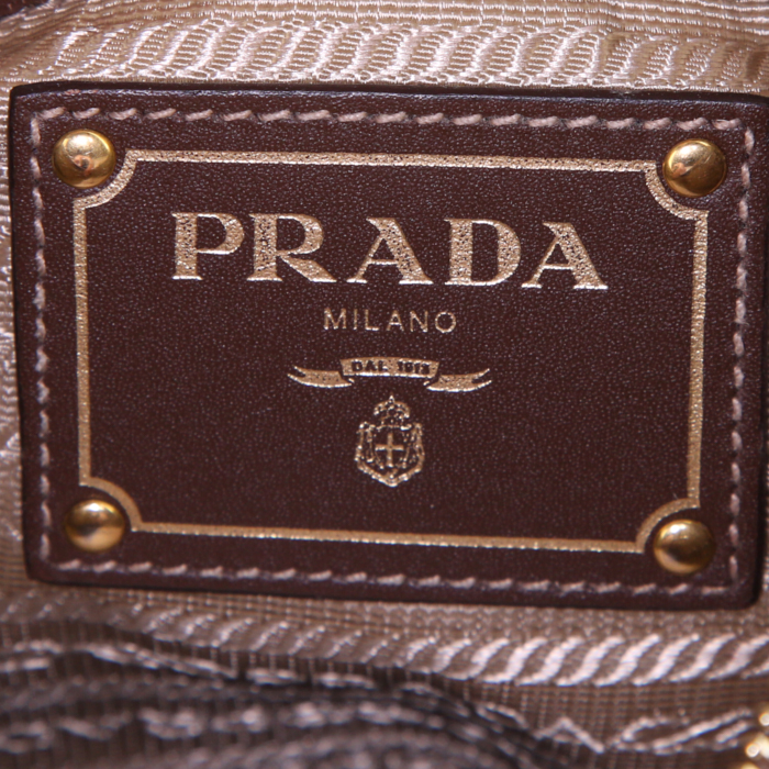 Borsa a tracolla Prada Jacquard in tela siglata beige e pelle marrone - Detail D3