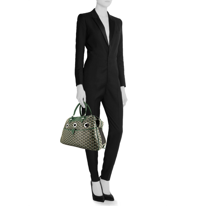 Sac de voyage Goyard Hulot en toile monogram verte et cuir vert - Detail D1