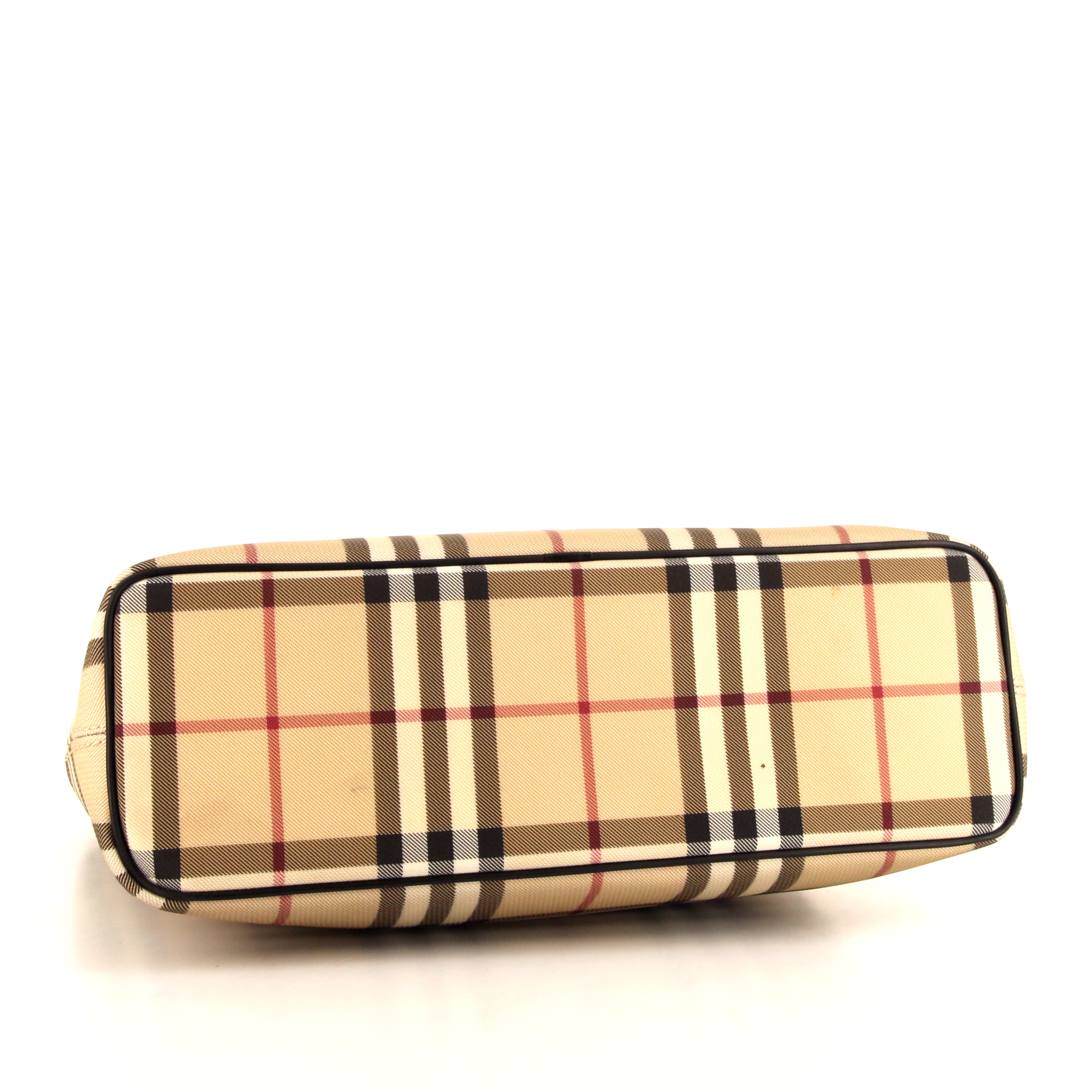 Sac cabas Burberry en toile Haymarket beige et cuir noir - Detail D4