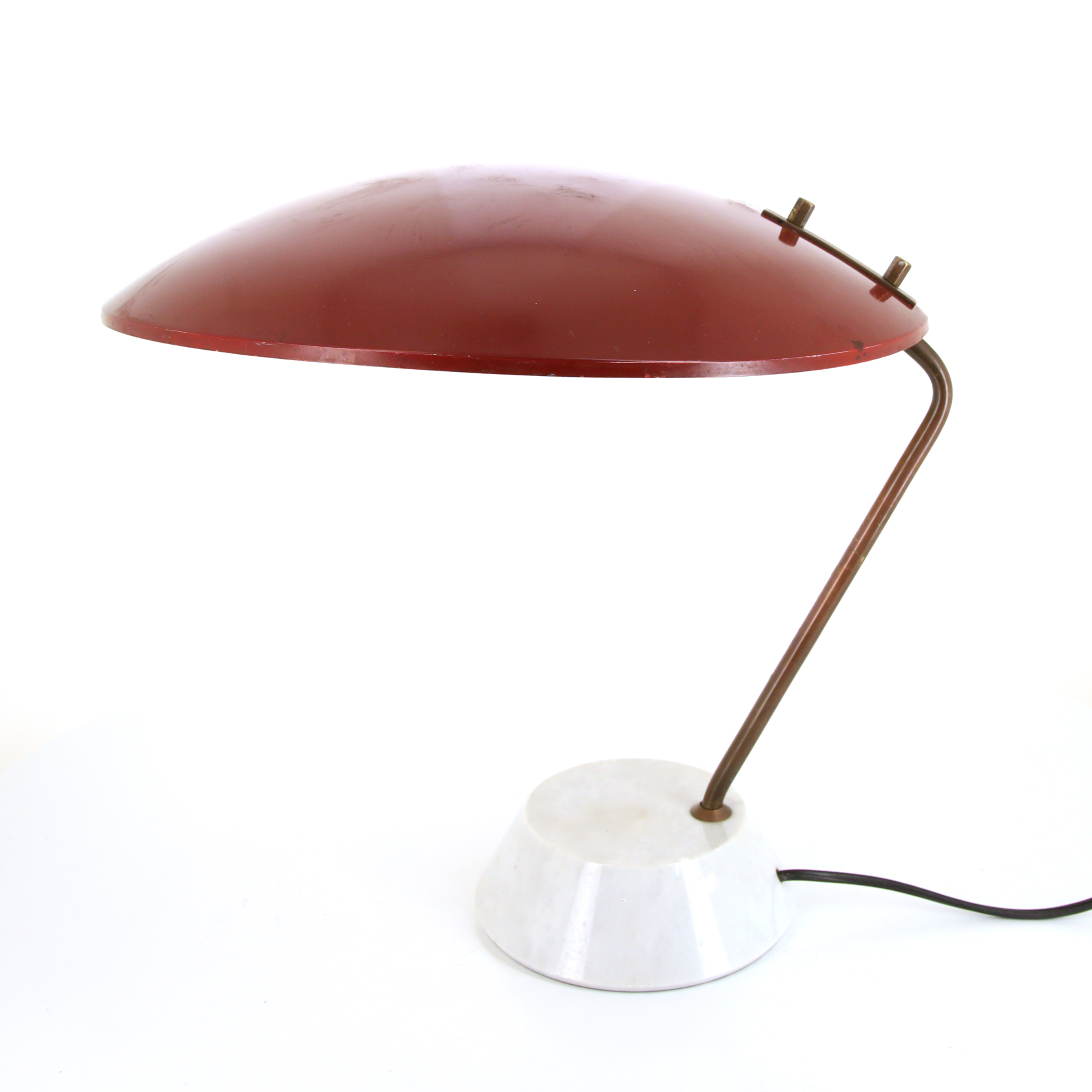 Bruno Gatta, model 8023 desk lamp, in marble, brass and red lacquered metal, Stilnovo edition, publisher's label, 1960s - Detail D1
