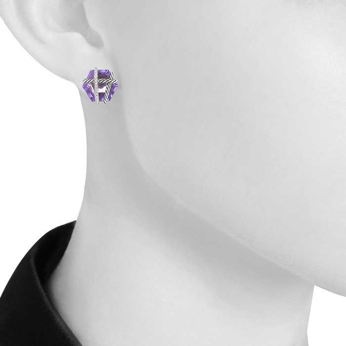 David Yurman Cable Warp earrings in silver, amethysts and diamonds - Detail D1