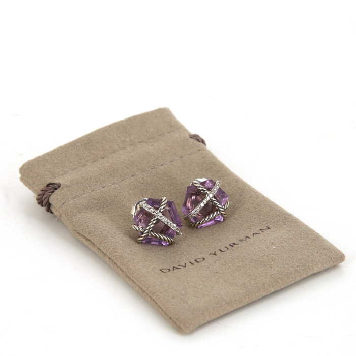 David Yurman Cable Warp earrings in silver, amethysts and diamonds - Detail D2