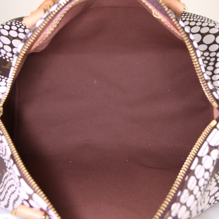 Louis Vuitton Speedy Editions Limitées Yayoi Kusama handbag in brown and white monogram canvas and natural leather - Detail D2