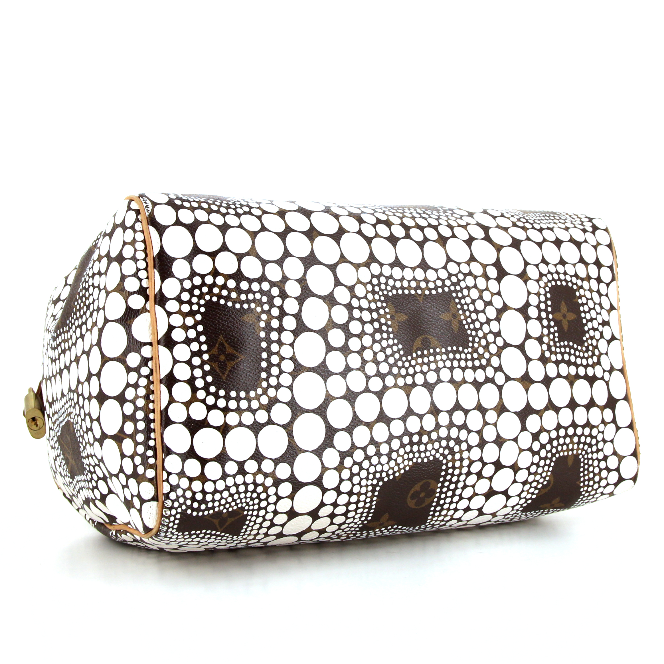 Bolso de mano Louis Vuitton Speedy Editions Limitées Yayoi Kusama en lona Monogram marrón y blanca y cuero natural - Detail D4