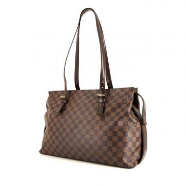 Sac porté épaule Louis Vuitton Chelsea en toile damier enduite ébène et cuir marron