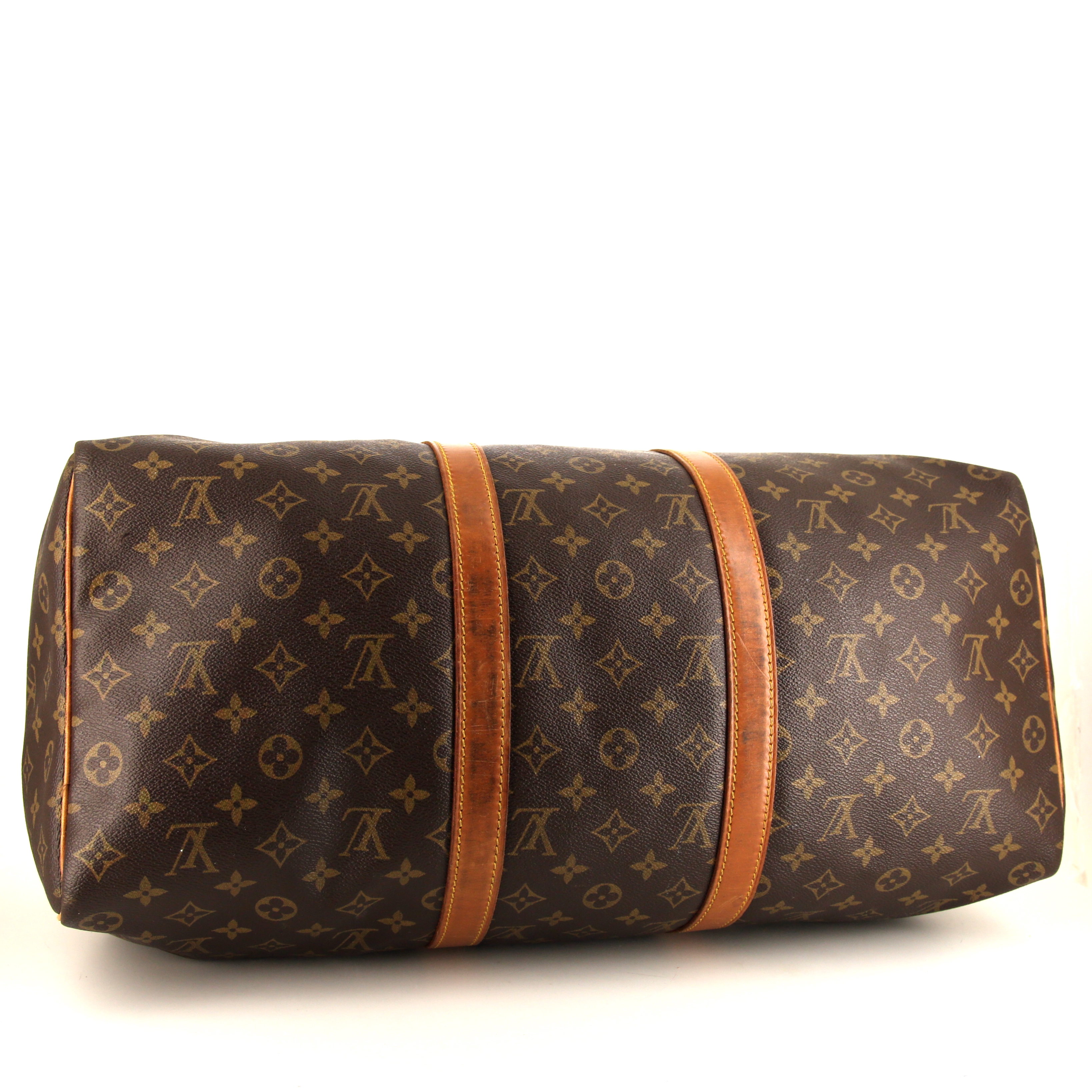 Sac de voyage Louis Vuitton Keepall 50 cm en toile monogram marron et cuir naturel - Detail D4