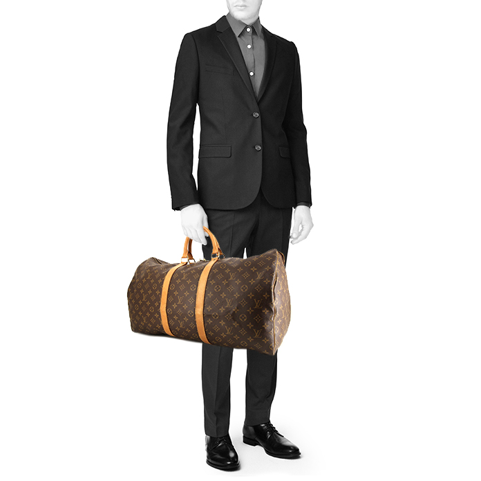 Louis Vuitton Keepall 55 cm travel bag in brown monogram canvas and natural leather - Detail D1