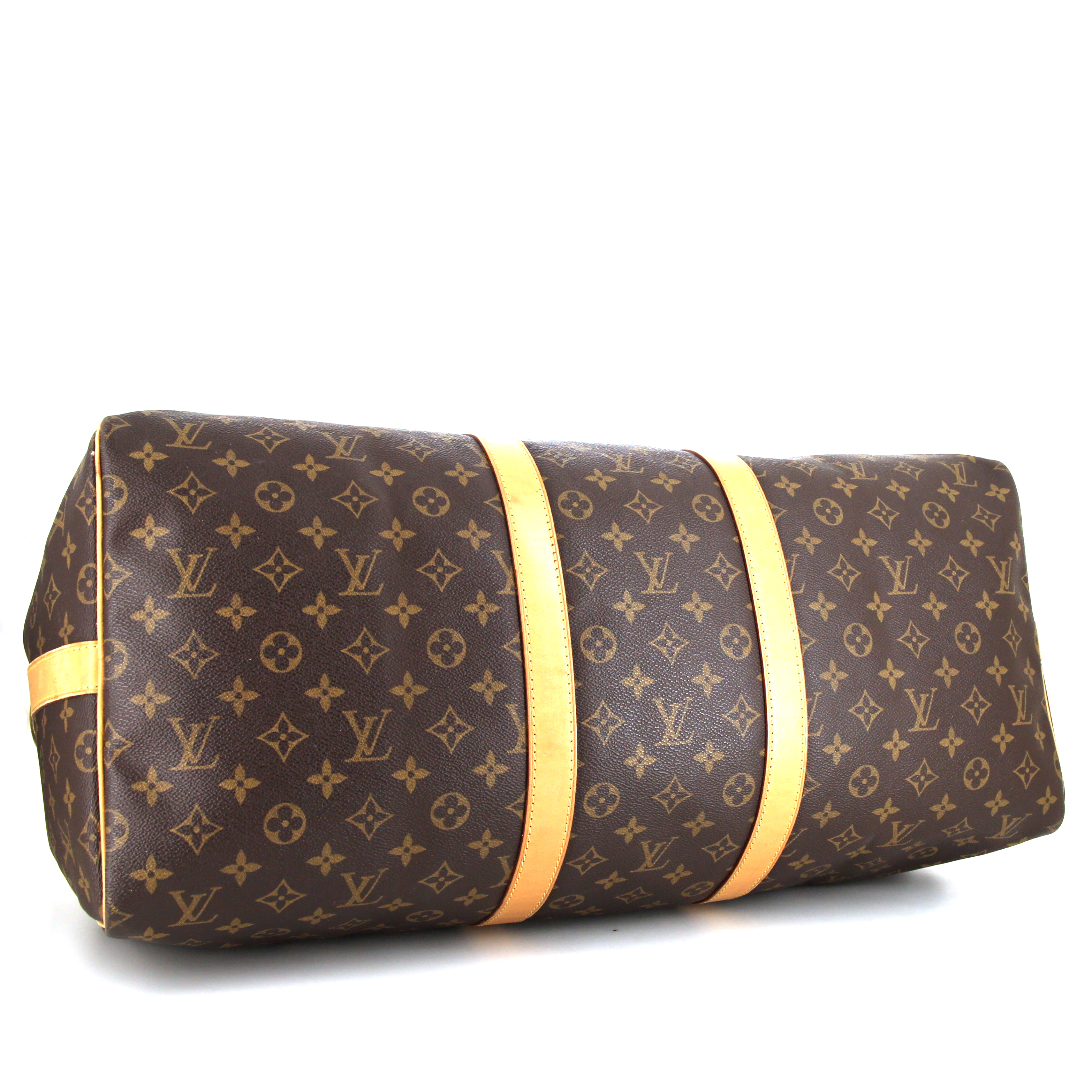 Bolsa de viaje Louis Vuitton Keepall 55 cm en lona Monogram marrón y cuero natural - Detail D4