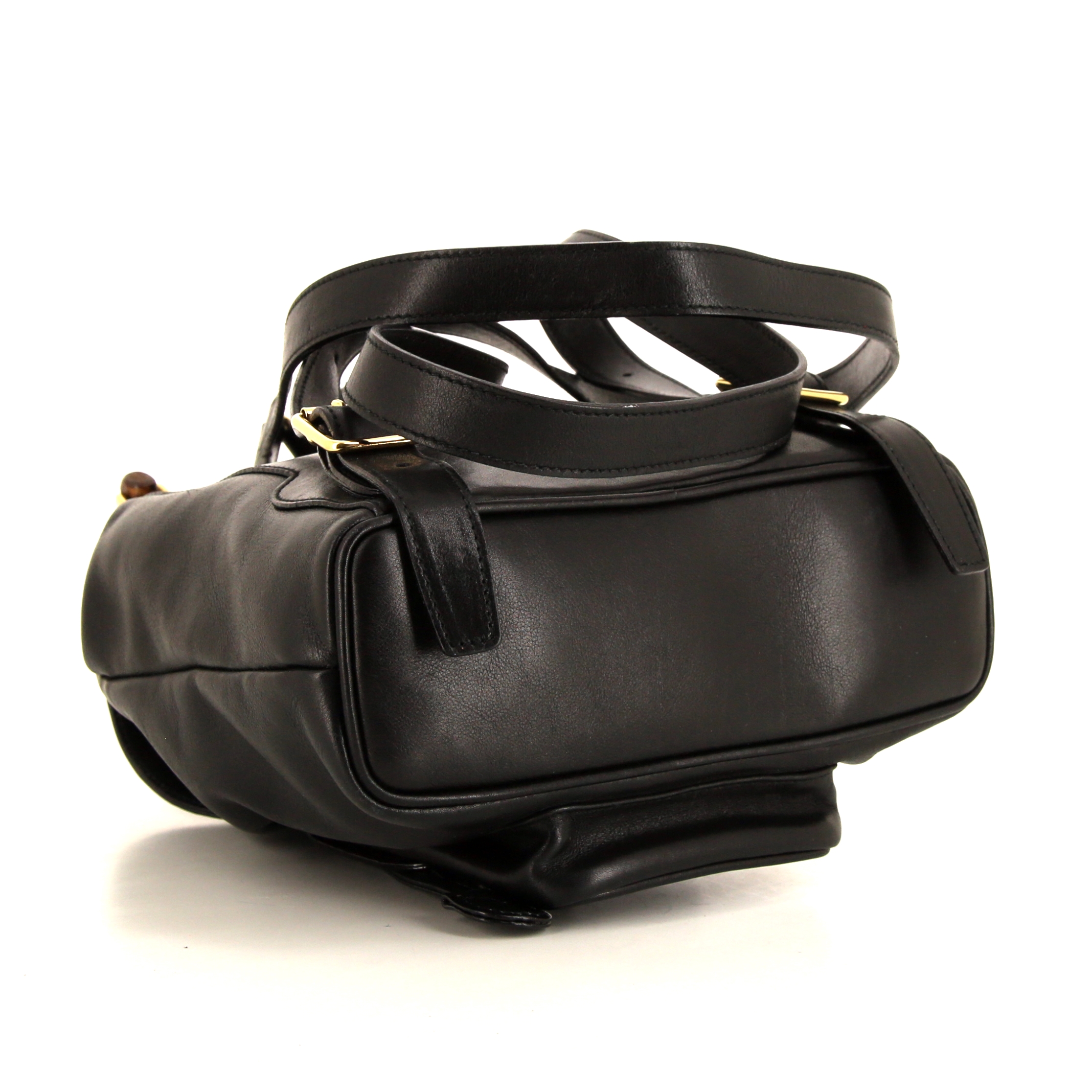 Sac à dos Gucci Bamboo petit en cuir noir et bambou - Detail D5