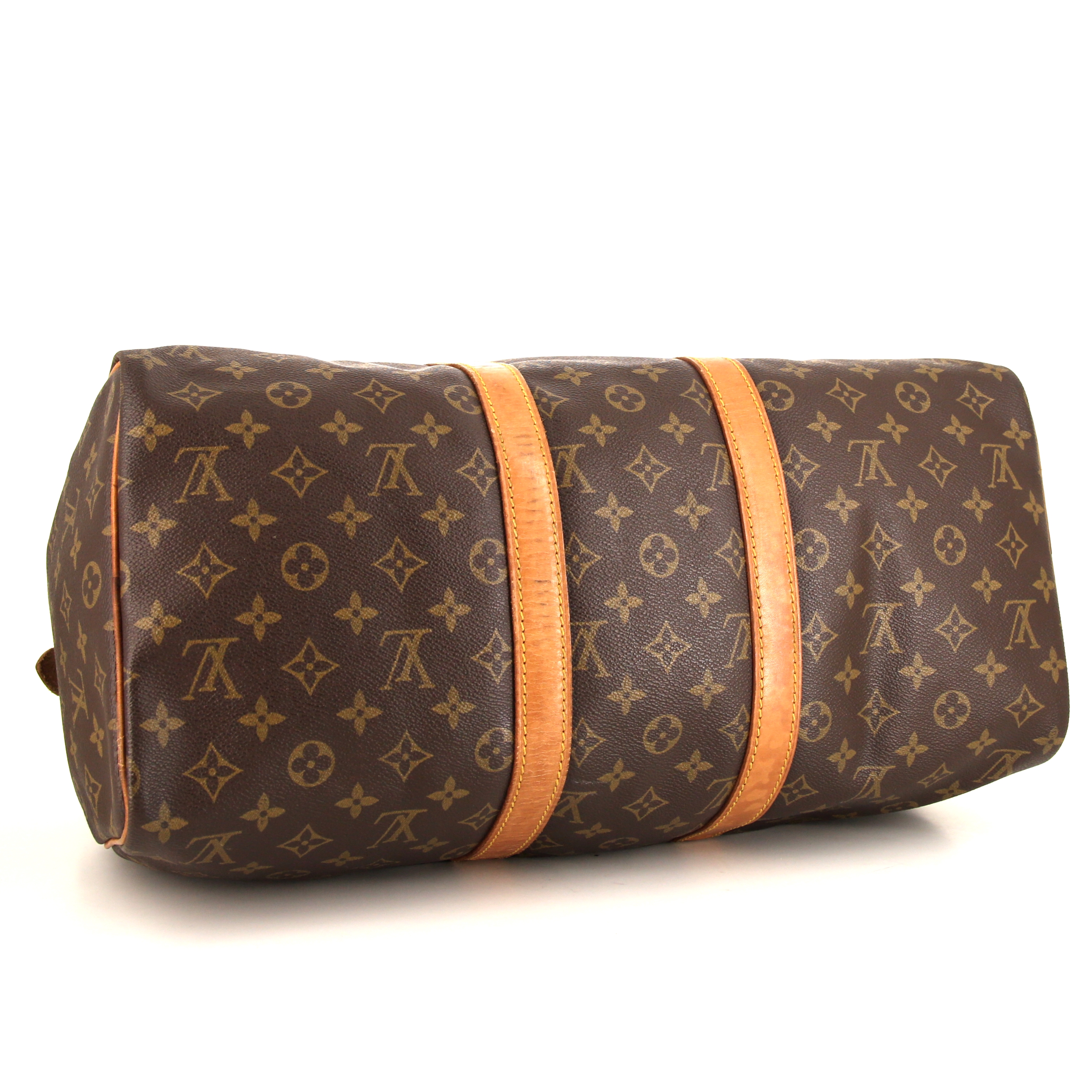 Louis Vuitton Keepall 45 travel bag in brown monogram canvas and natural leather - Detail D4