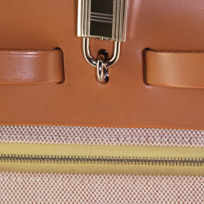Hermes Herbag handbag in yellow canvas and brown leather - Detail D4