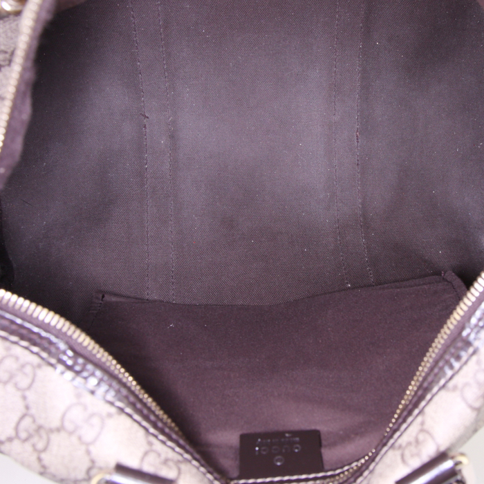 Sac à main Gucci Boston en toile monogram enduite beige et cuir verni marron-foncé - Detail D2