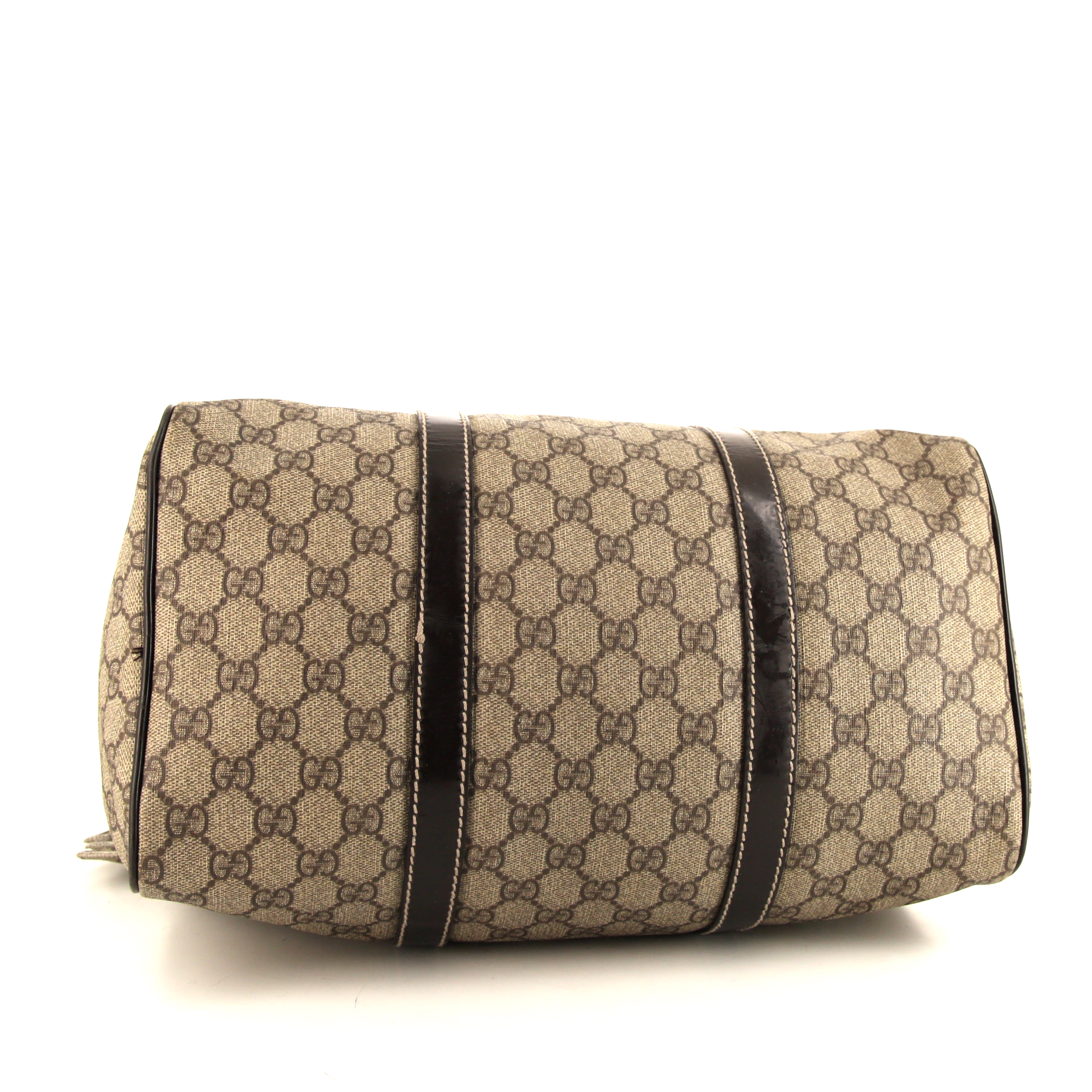 Sac à main Gucci Boston en toile monogram enduite beige et cuir verni marron-foncé - Detail D4