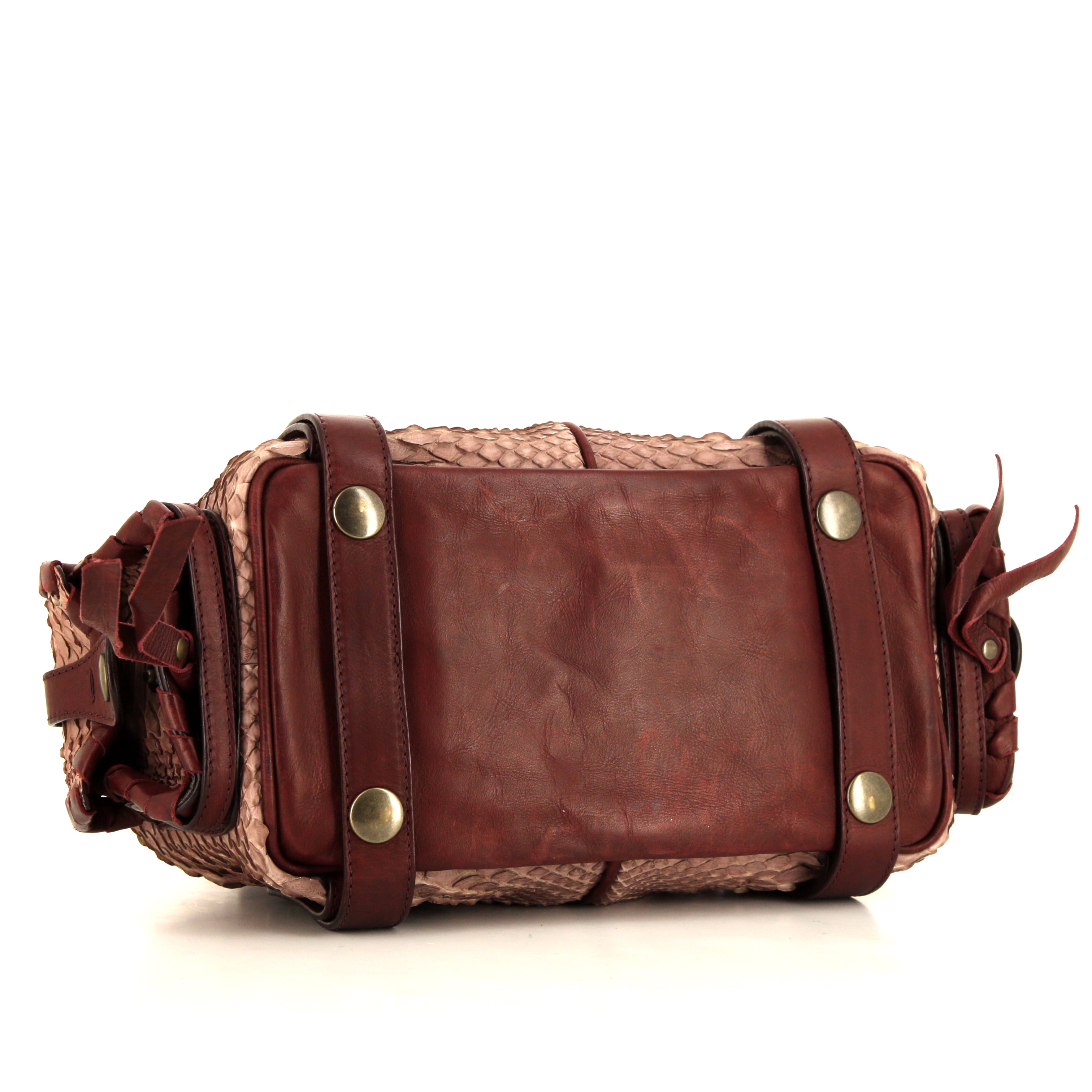 Bolso de mano Chloé Silverado en piel de pitón rosa y cuero color burdeos - Detail D4