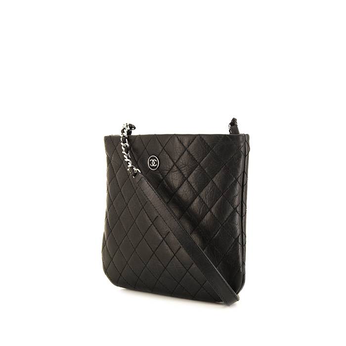 Chanel Uniform Quilted Bag Black Leather Zip Closure Short Strap Good  Condition