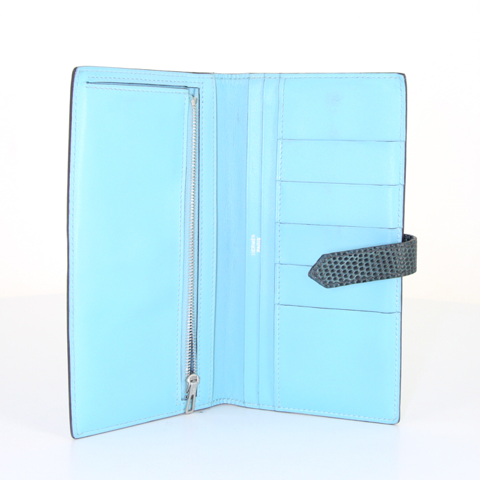 Portefeuille Hermès  Bearn en cuir Swift Bleu Atoll et lézard vert - Detail D2