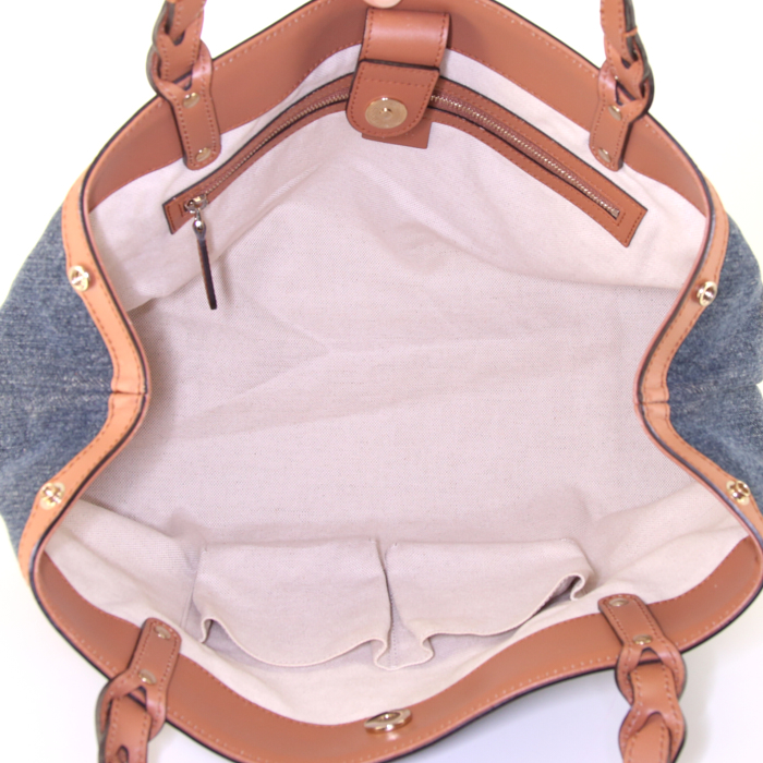 Sac cabas Gucci Craft Tote en toile denim bleue et cuir marron - Detail D2