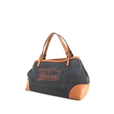Shopping bag Gucci Craft Tote in tela denim blu e pelle marrone