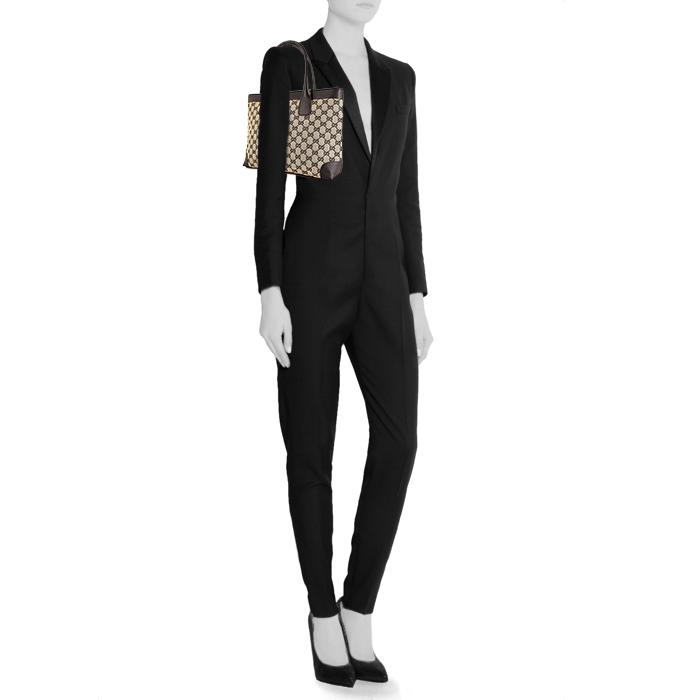 Sac à main Gucci en toile monogram beige et cuir marron - Detail D1