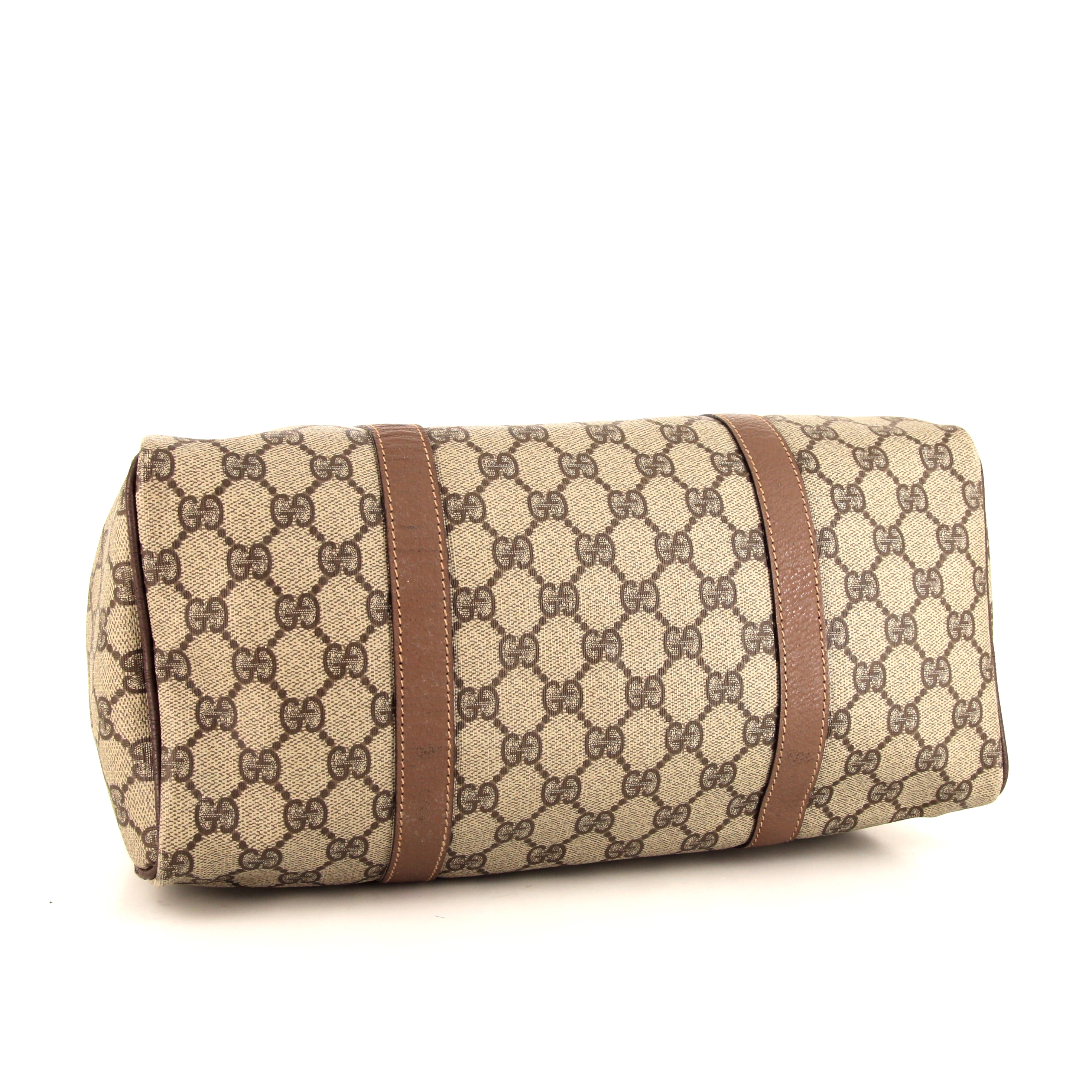 Sac à main Gucci Boston en toile monogram grise et cuir marron - Detail D4