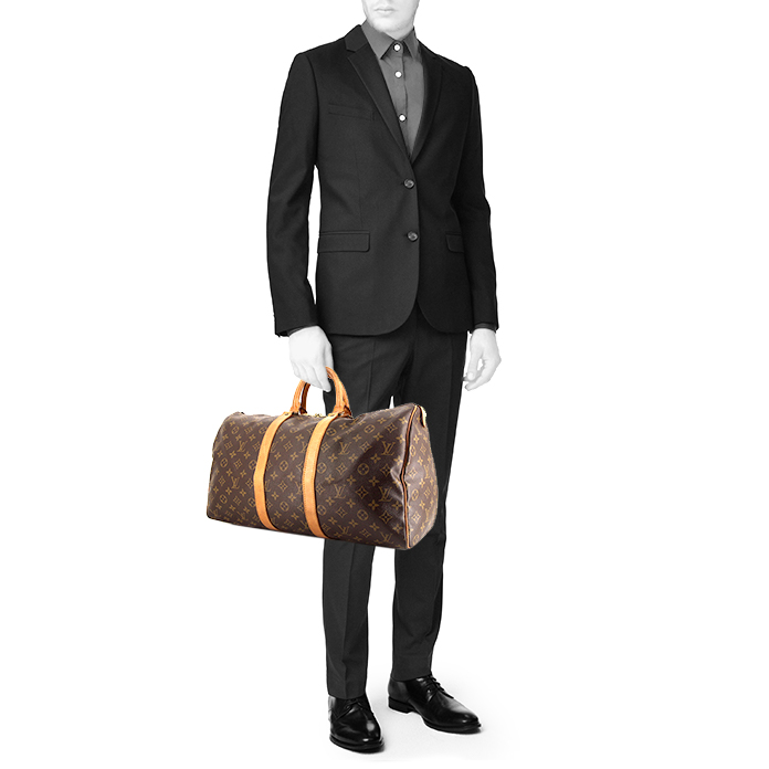 Louis Vuitton Keepall 45 travel bag in brown monogram canvas and natural leather - Detail D1