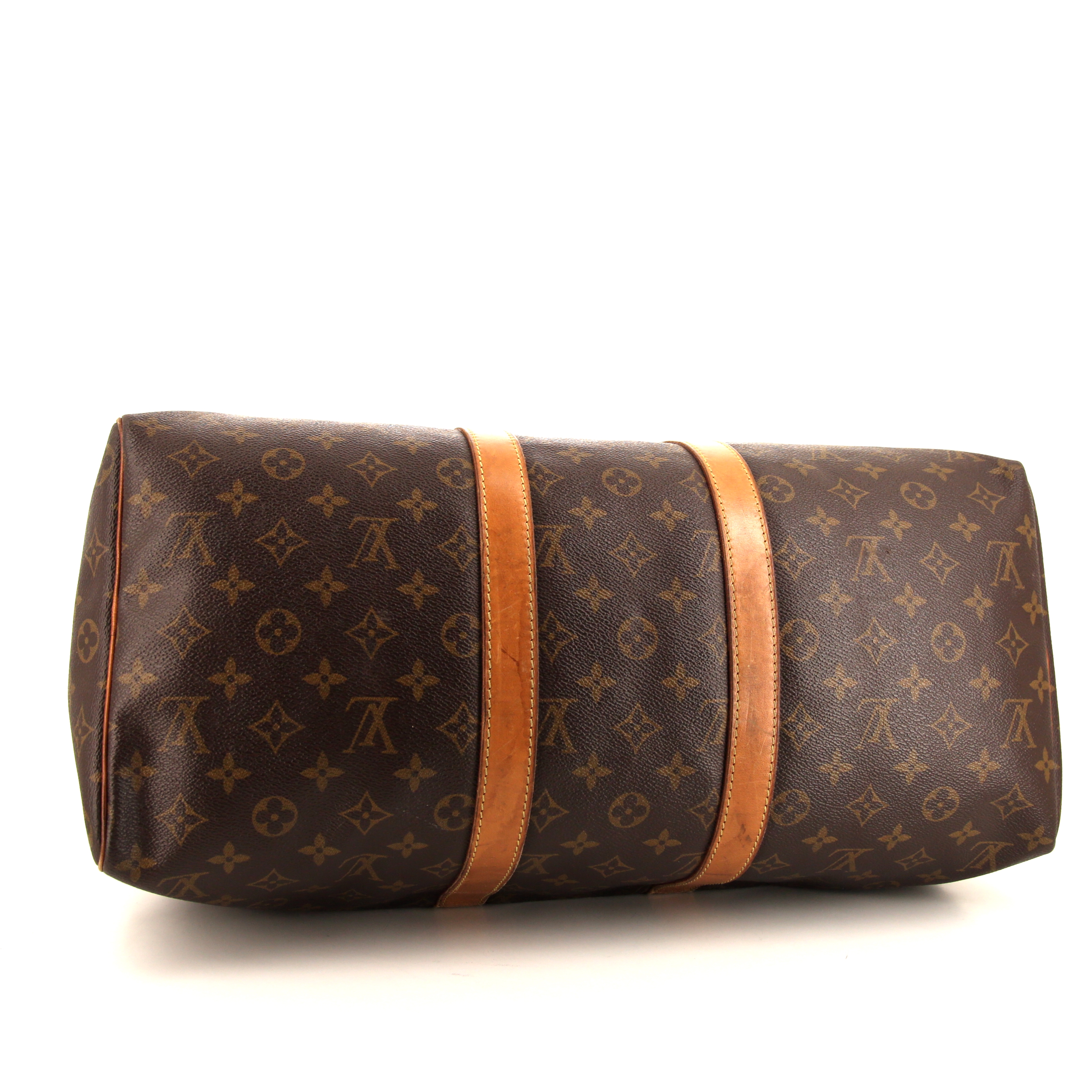 Borsa da viaggio Louis Vuitton Keepall 45 in tela monogram marrone e pelle naturale - Detail D4