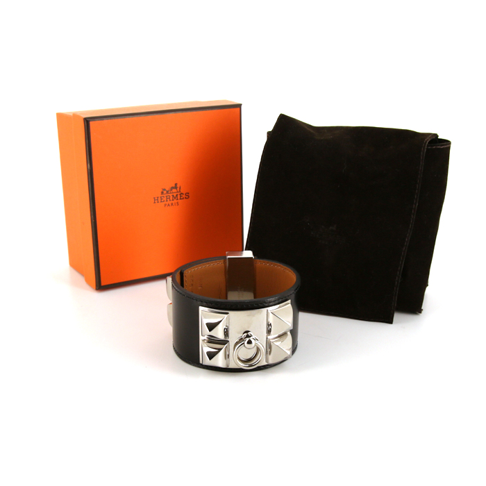 Brazalete Hermes Médor en paladio y cuero negro - Detail D2