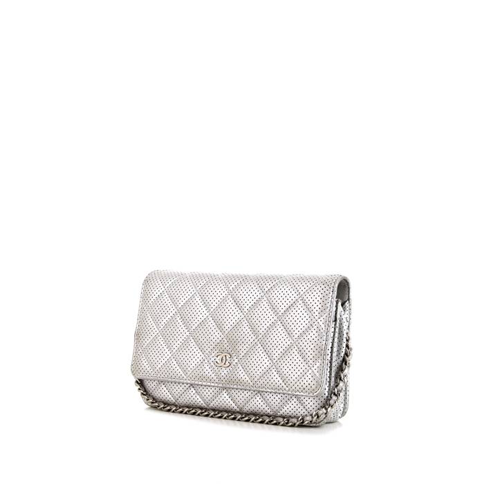 Chanel Wallet on Chain WoC in Chevron Quilted Crumpled Silver Metallic  Patent Calfskin  SOLD