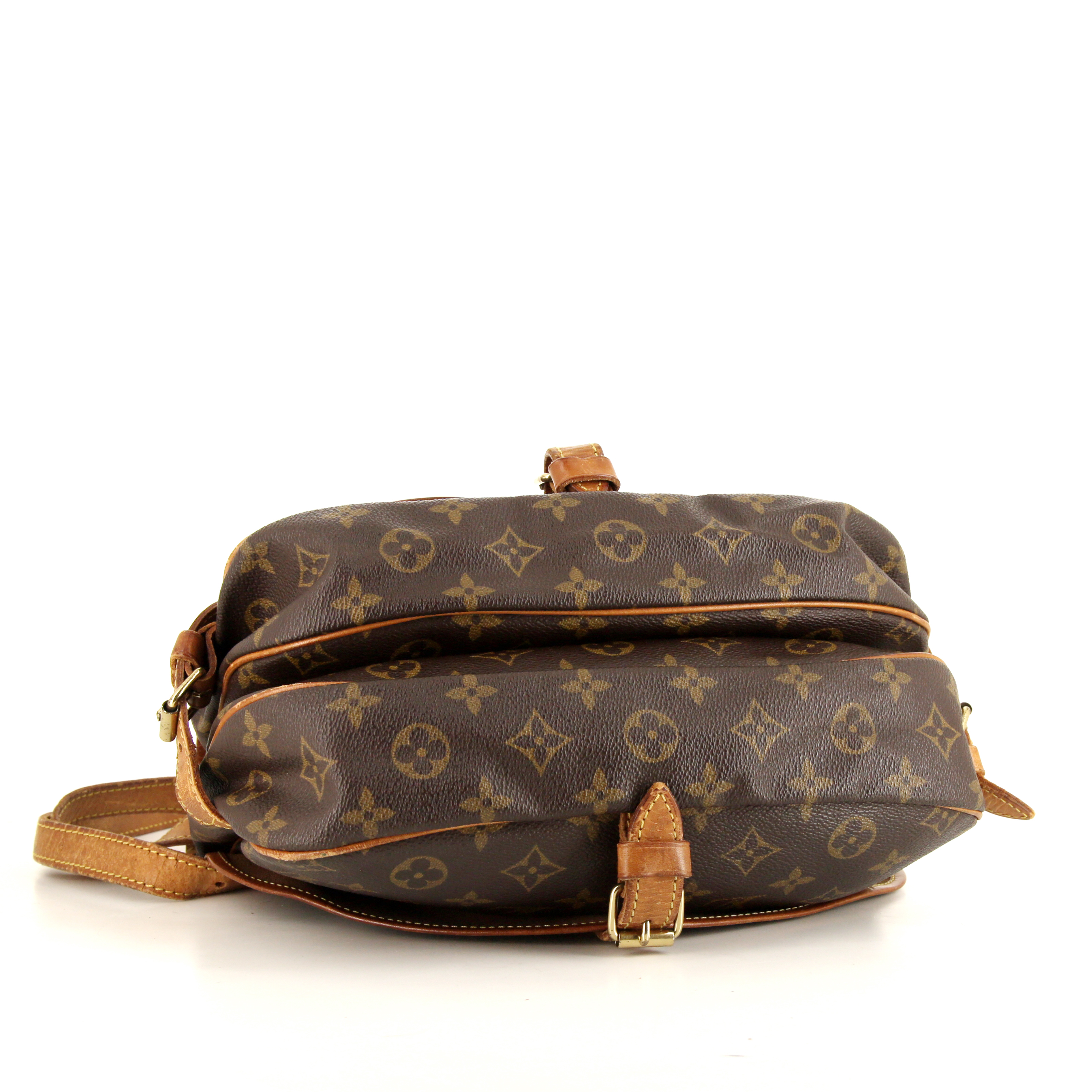 Sac bandoulière Louis Vuitton Saumur petit modèle en toile monogram enduite marron et cuir naturel - Detail D5